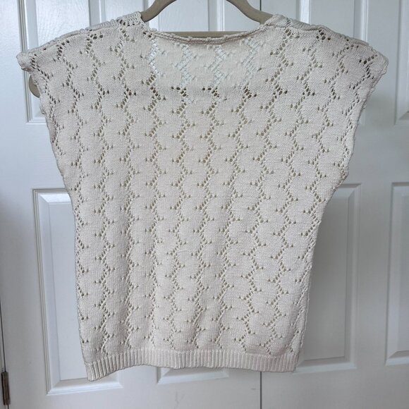 Vintage Women's Open Crochet Knit Crew Neck Cap Sleeve Cropped Short Sleeve Top - Picture 3 of 7